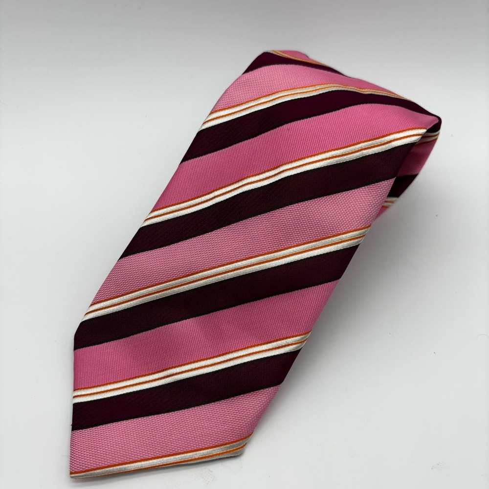 Canali Silk Luxury Made In Italy Men’s Necktie Pink Burgundy Striped Designer